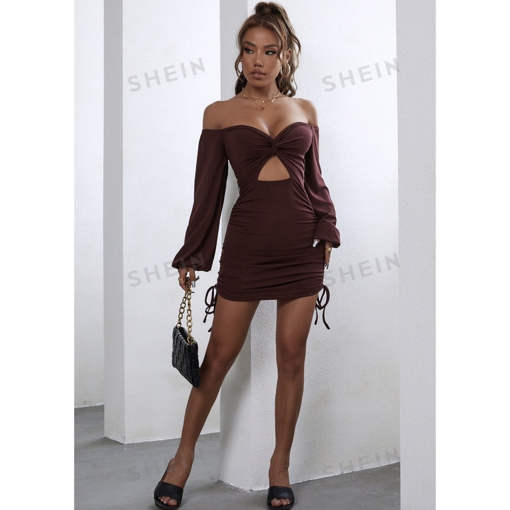 Off Shoulder Ruched Drawstring Dress